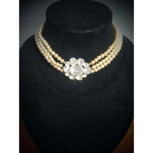 Antique Women's 3 Strand Cream Faux Pearl and Rhinestone Choker Necklace -1920s